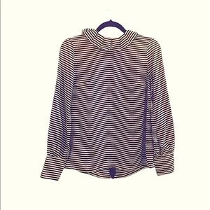 Club Monaco 100% silk black & white striped high pleated neck back zip blouse